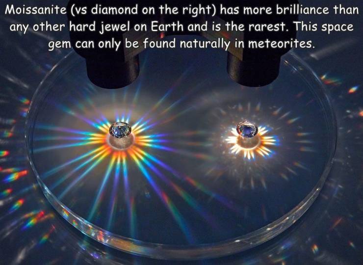 fascinating photos - moissanite vs diamond - Moissanite vs diamond on the right has more brilliance than any other hard jewel on Earth and is the rarest. This space gem can only be found naturally in meteorites.