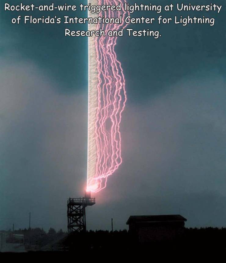 fascinating photos - lightning water spout - Rocketandwire triggered lightning at University of Florida's International Center for Lightning Research and Testing.