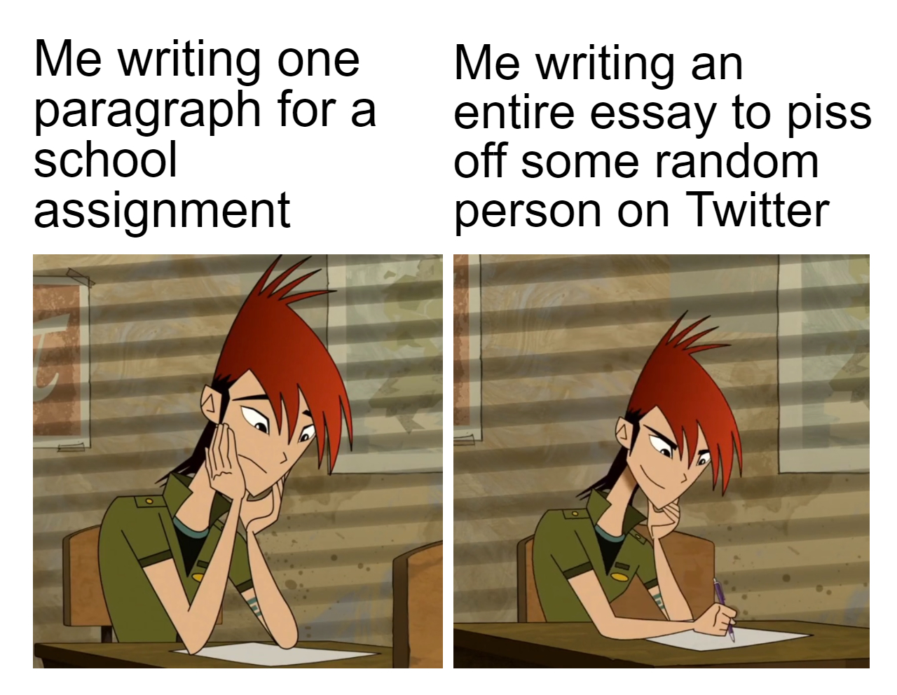 dank memes - cartoon - Me writing one paragraph for a school assignment Me writing an entire essay to piss off some random person on Twitter