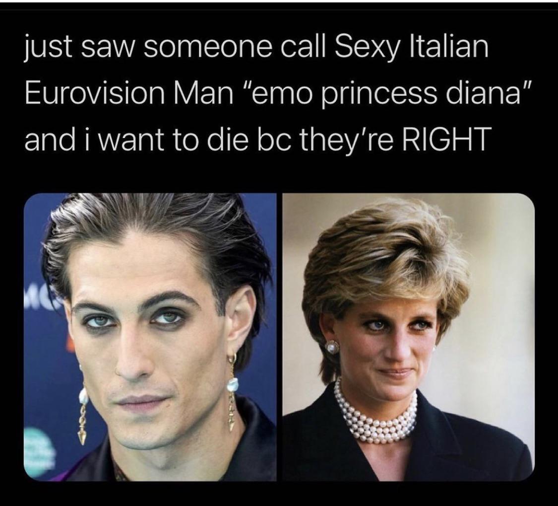 just saw someone call Sexy Italian Eurovision Man "emo princess diana" and i want to die bc they're Right