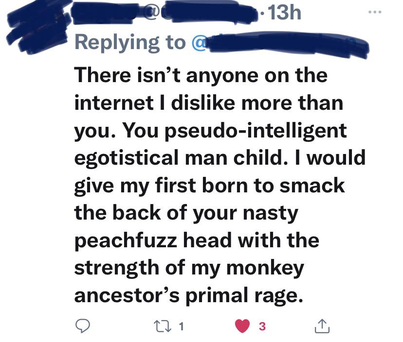 angle - . 13h a There isn't anyone on the internet I dis more than you. You pseudointelligent egotistical man child. I would give my first born to smack the back of your nasty peachfuzz head with the strength of my monkey ancestor's primal rage. 27 1 3