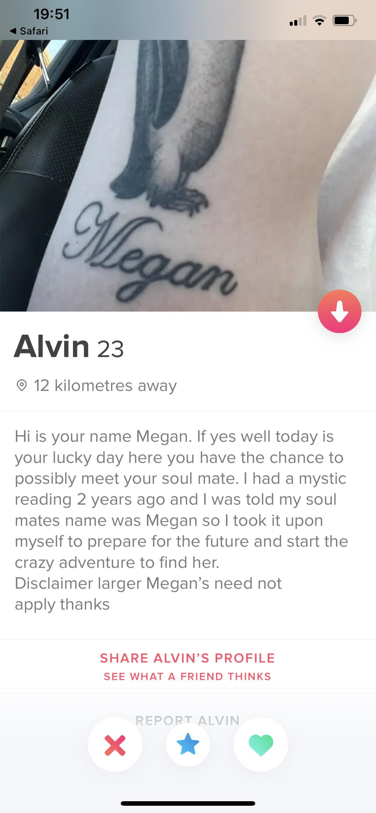 temporary tattoo - Safari Megan Alvin 23 12 kilometres away Hi is your name Megan. If yes well today is your lucky day here you have the chance to possibly meet your soul mate. I had a mystic reading 2 years ago and I was told my soul mates name was Megan