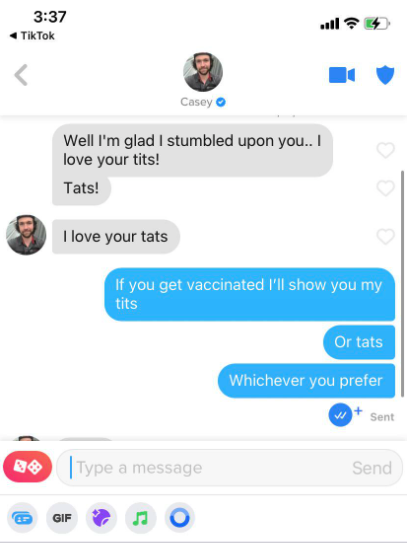 do backshots mean - TikTok 4 Casey Well I'm glad I stumbled upon you.. I love your tits! Tats! I love your tats If you get vaccinated I'll show you my tits Or tats Whichever you prefer Sent B Type a message Send Gif