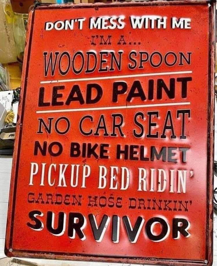 relatable memes - zelkova restaurant - Ne Don'T Mess With Me Ima... Wooden Spoon Lead Paint No Car Seat No Bike Helmet Pickup Bed Ridin Garden Hose Drinkin' Survivor