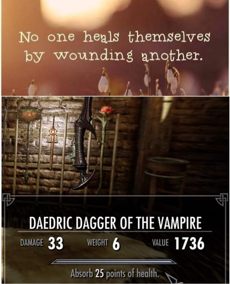 funny gaming memes - musical instrument - No one heals themselves by wounding another. 5 Daedric Dagger Of The Vampire Damage 33 Weight 6 Value 1736 Absorb 25 points of health.