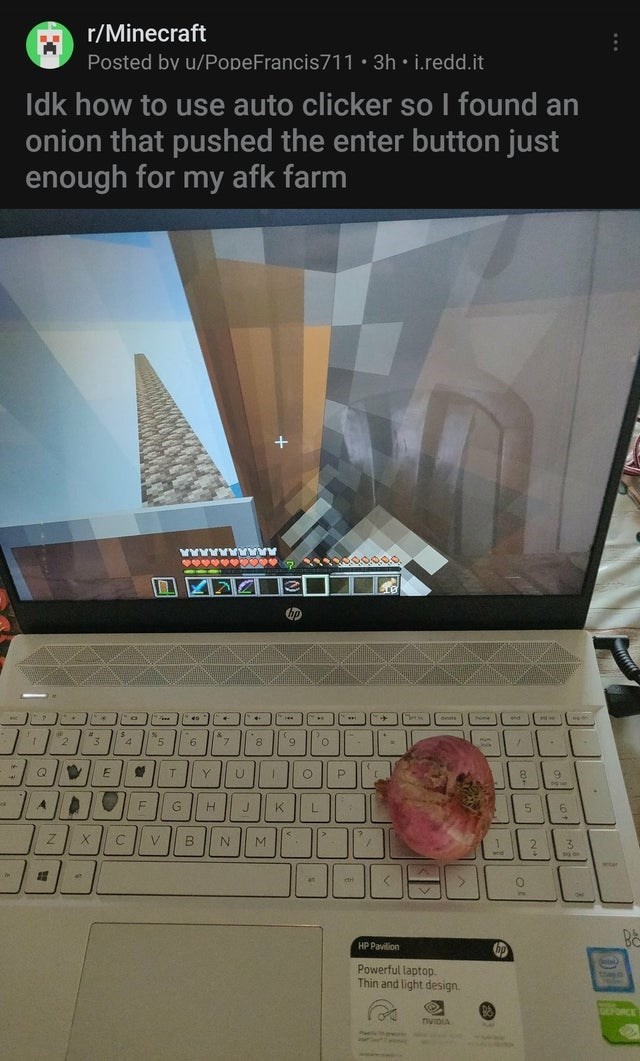 funny gaming memes - netbook - rMinecraft Posted by uPope Francis711. 3h.i.redd.it Idk how to use auto clicker so I found an onion that pushed the enter button just enough for my afk farm Yyyyyyyyyy Sos 2 Z22 hp 1 1 2 3 $ 4 5 6 & 7 8 9 O O 1 Q E Y U 1 O P