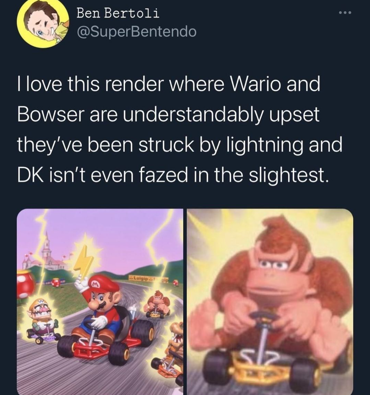 funny gaming memes - Ben Bertoli I love this render where Wario and Bowser are understandably upset they've been struck by lightning and Dk isn't even fazed in the slightest.