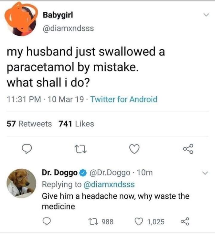 savage comments and brutal comebacks - document - Babygirl my husband just swallowed a paracetamol by mistake. what shall i do? 10 Mar 19. Twitter for Android 57 741 27 Dr. Doggo .Doggo 10m Give him a headache now, why waste the medicine 12 988 1,025