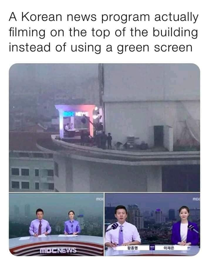 funny gaming memes - korean news channel on top of building - A Korean news program actually filming on the top of the building instead of using a green screen M Mdcnews