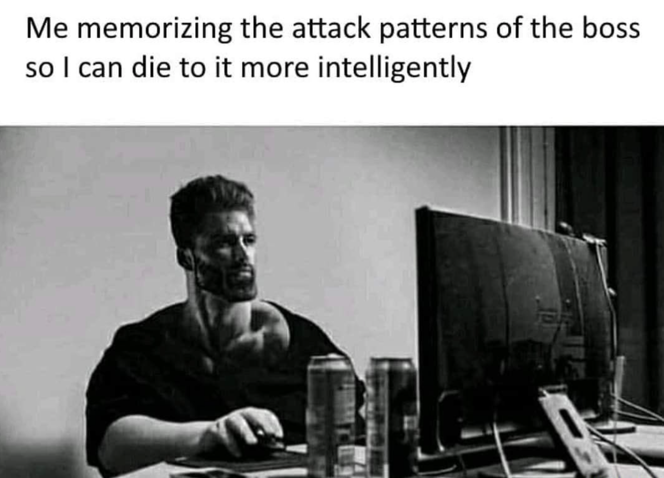 funny gaming memes - me learning the histories cultures and languages - Me memorizing the attack patterns of the boss so I can die to it more intelligently