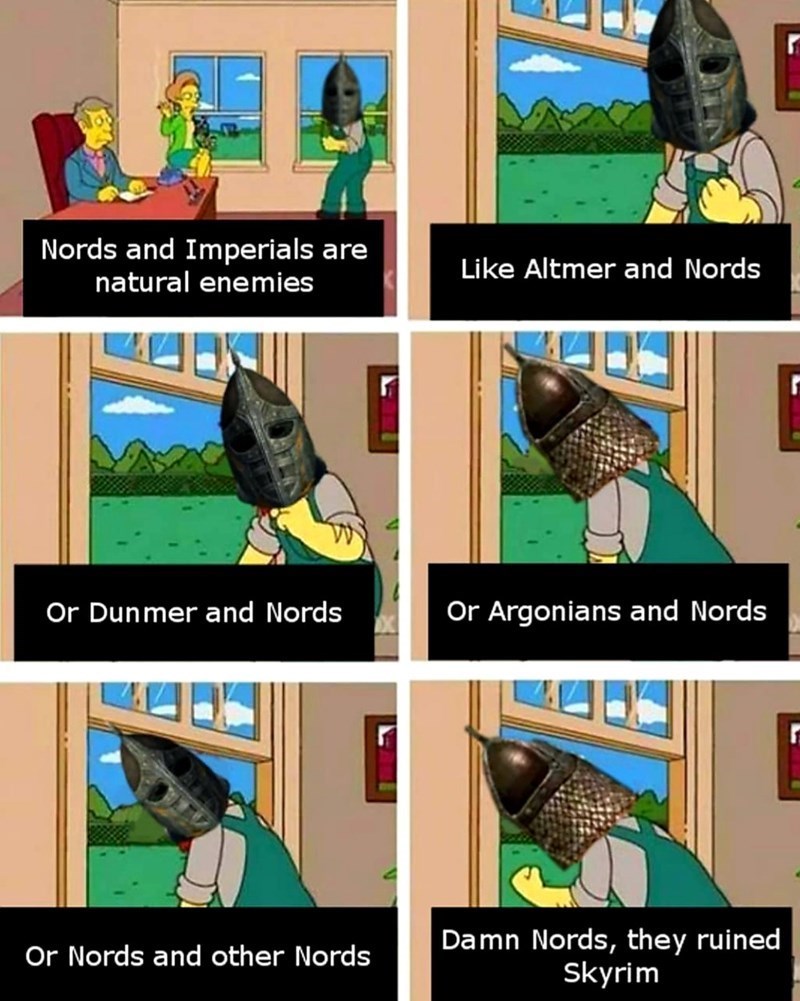 funny gaming memes --  funny dank memes skyrim memes - Nords and Imperials are natural enemies Altmer and Nords Or Dunmer and Nords Or Argonians and Nords Ur Or Nords and other Nords Damn Nords, they ruined Skyrim