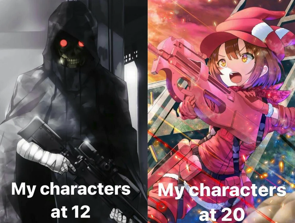 funny gaming memes - fan art death gun - My characters My characters at 12 at 20