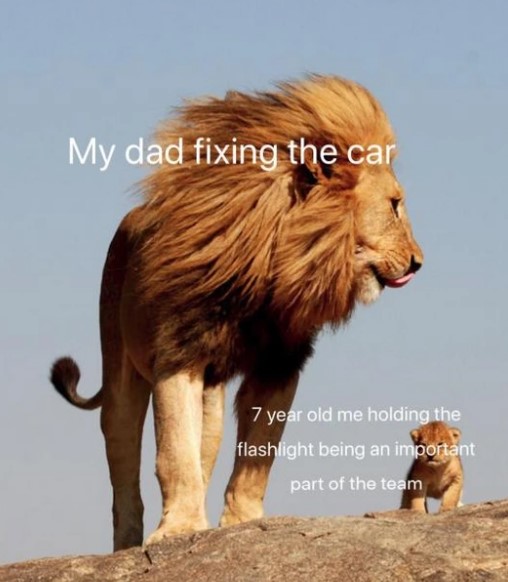 lion and son - My dad fixing the car 7 year old me holding the flashlight being an important part of the team