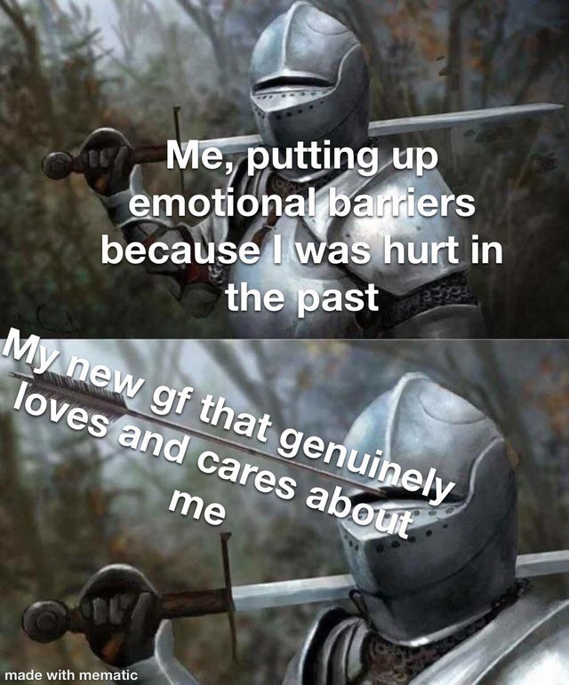 brethren moon - Me, putting up emotional barriers because I was hurt in the past My new gf that genuinely Toves and cares about me made with mematic