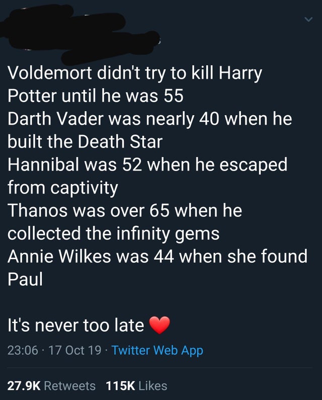 wholesome harry potter memes - Voldemort didn't try to kill Harry Potter until he was 55 Darth Vader was nearly 40 when he built the Death Star Hannibal was 52 when he escaped from captivity Thanos was over 65 when he collected the infinity gems Annie Wil