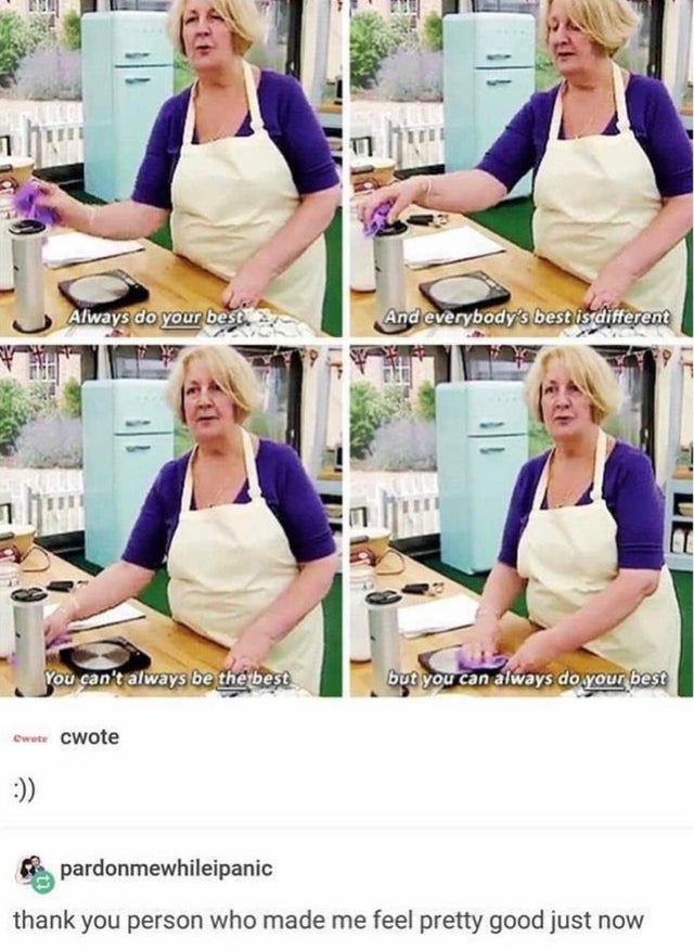 great british baking show meme - Always do your best And everybody's best is different You can't always be the best but you can always do your best wete cwote pardonmewhileipanic thank you person who made me feel pretty good just now