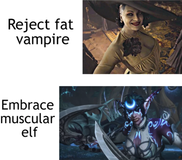 funny gaming memes --  photo caption - Reject fat vampire Embrace muscular elf 1%