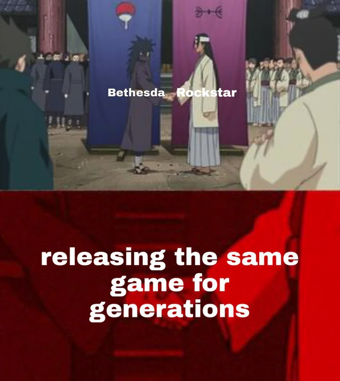 funny gaming memes - kakyoin challenge - Bethesda Rockstar releasing the same game for generations
