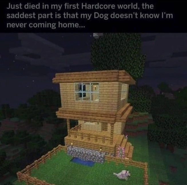 funny gaming memes - sad minecraft dog - Just died in my first Hardcore world, the saddest part is that my Dog doesn't know I'm never coming home...