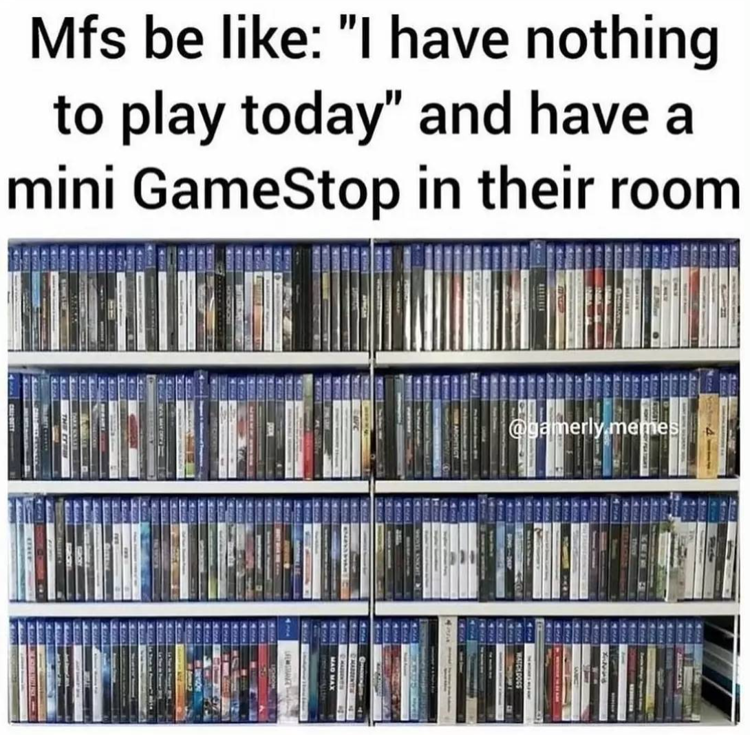 funny gaming memes - library science - Mfs be "I have nothing to play today" and have a mini GameStop in their room memes Di Mbili