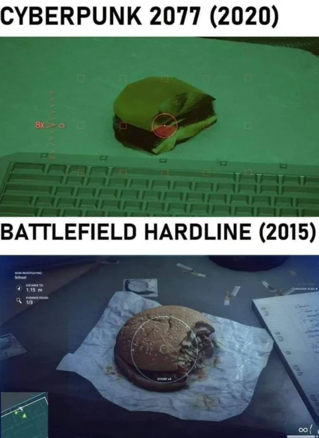 funny gaming memes - battlefield hardline burger vs cyberpunk - Cyberpunk 2077 2020 Battlefield Hardline 2015