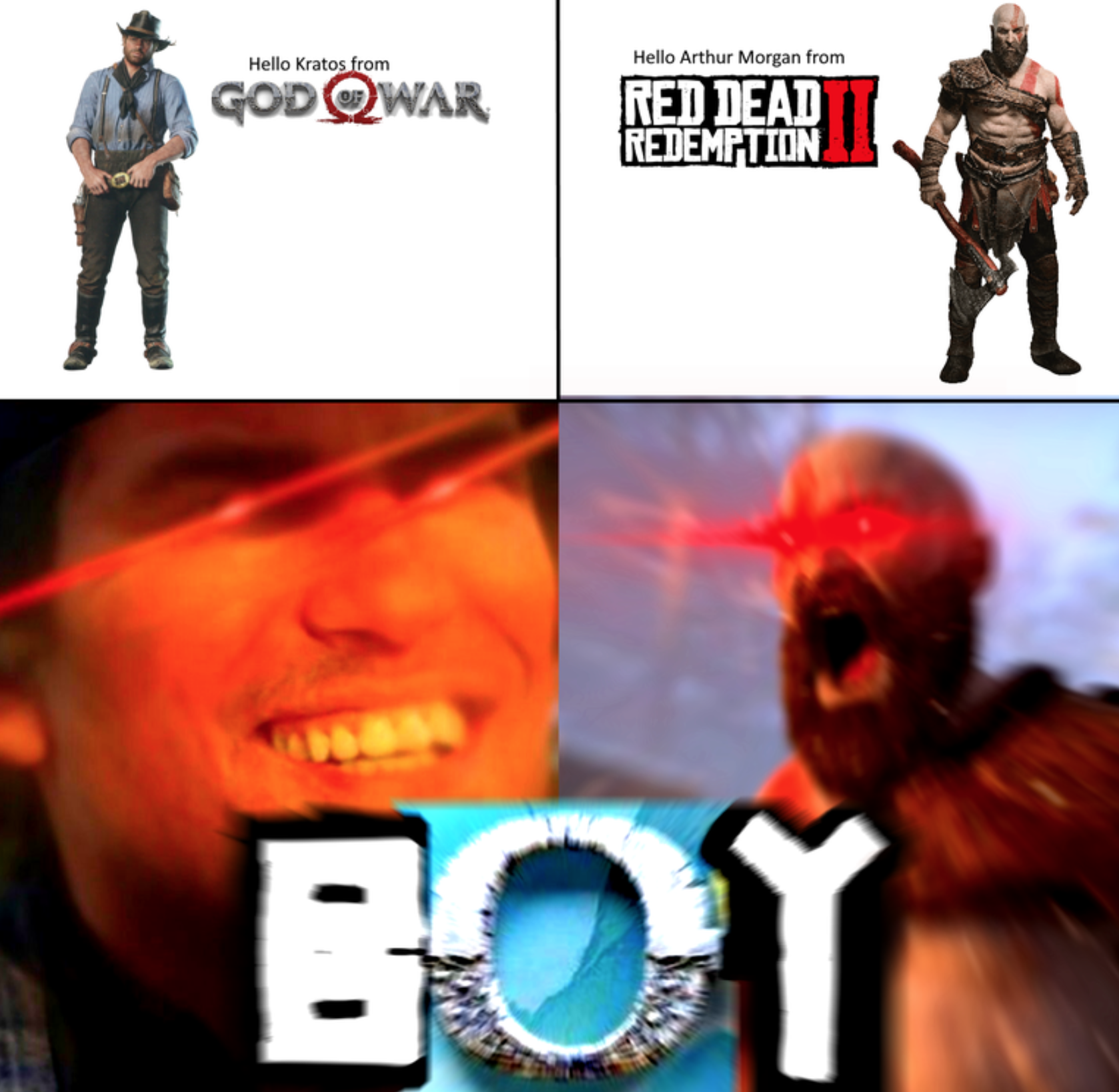 funny gaming memes - album cover - Hello Kratos from God Qwar Hello Arthur Morgan from Red Dead Redemption Boy