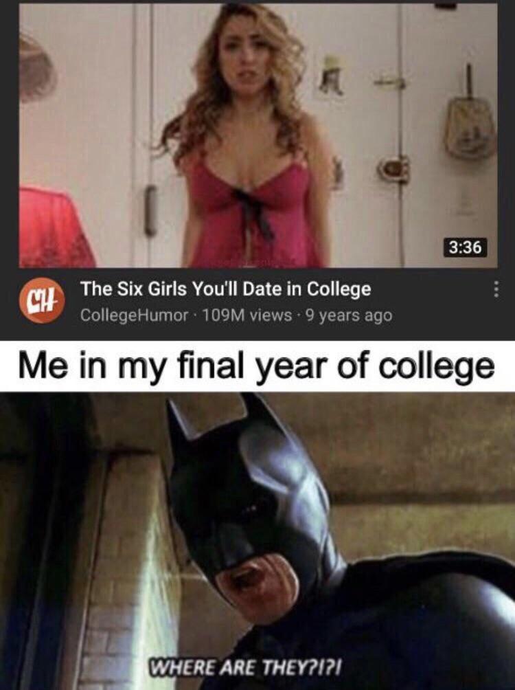 funny gaming memes - six girls you ll date in college meme - Ch The Six Girls You'll Date in College CollegeHumor 109M views 9 years ag Me in my final year of college Where Are They?!?!