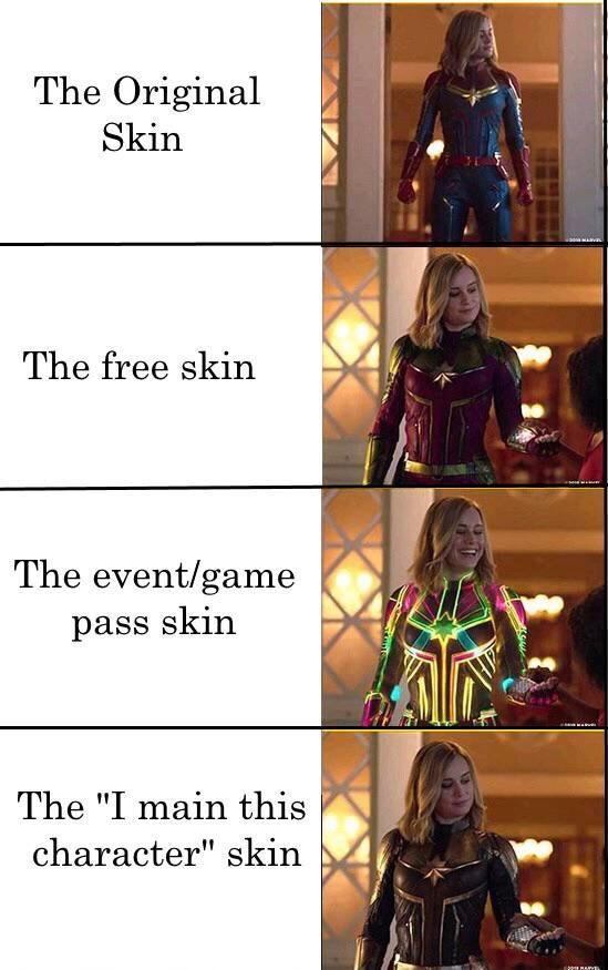 funny gaming memes - skins memes - The Original Skin The free skin w The eventgame pass skin Wa The "I main this character" skin