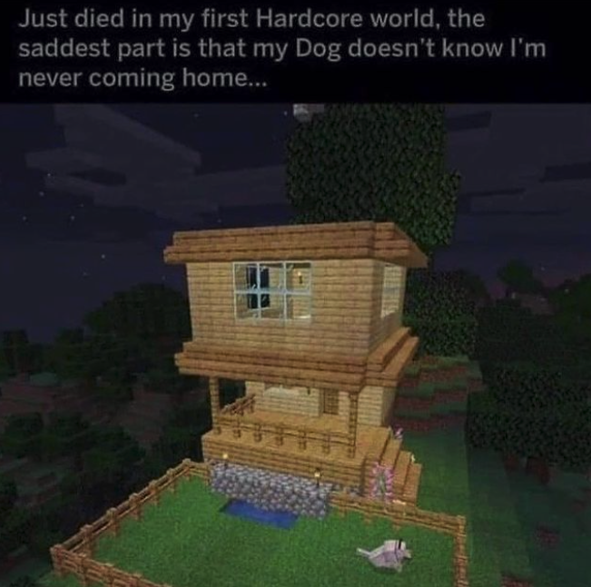 funny gaming memes - minecraft sad world - Just died in my first Hardcore world, the saddest part is that my Dog doesn't know I'm never coming home...