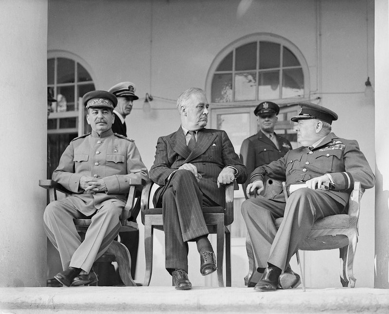 Joseph Stalin, Franklin D. Roosevelt and Winston Churchill, during the first ‘Big Three’ Conference, November 1943.