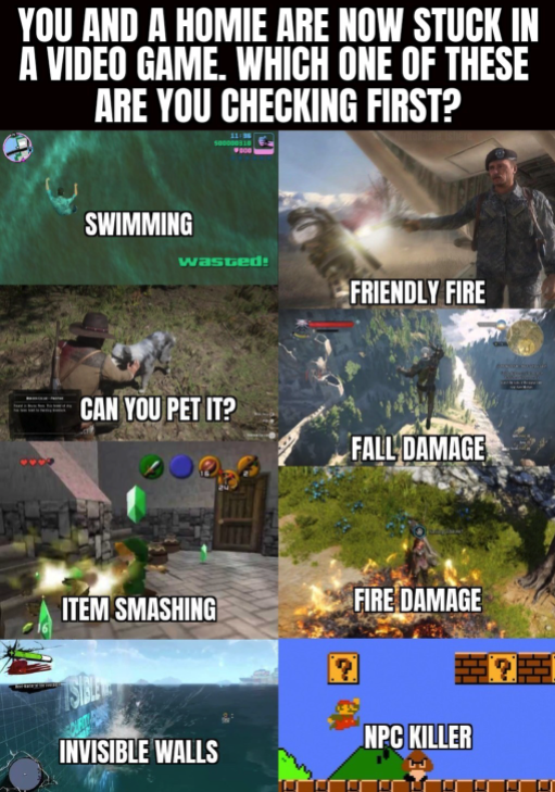 funny gaming memes - tree - You And A Homie Are Now Stuck In A Video Game, Which One Of These Are You Checking First? Swimming Friendly Fire Can You Pet It? Fall Damage Item Smashing Fire Damage Npc Killer Invisible Walls