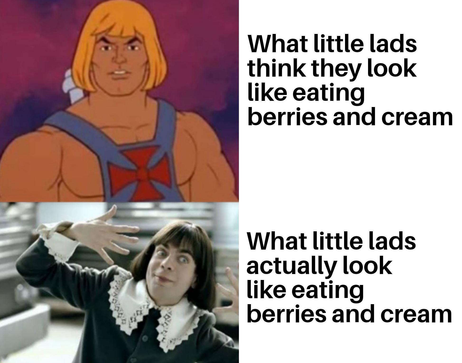 berries and cream memes - cartoon - What little lads think they look eating berries and cream What little lads actually look eating berries and cream