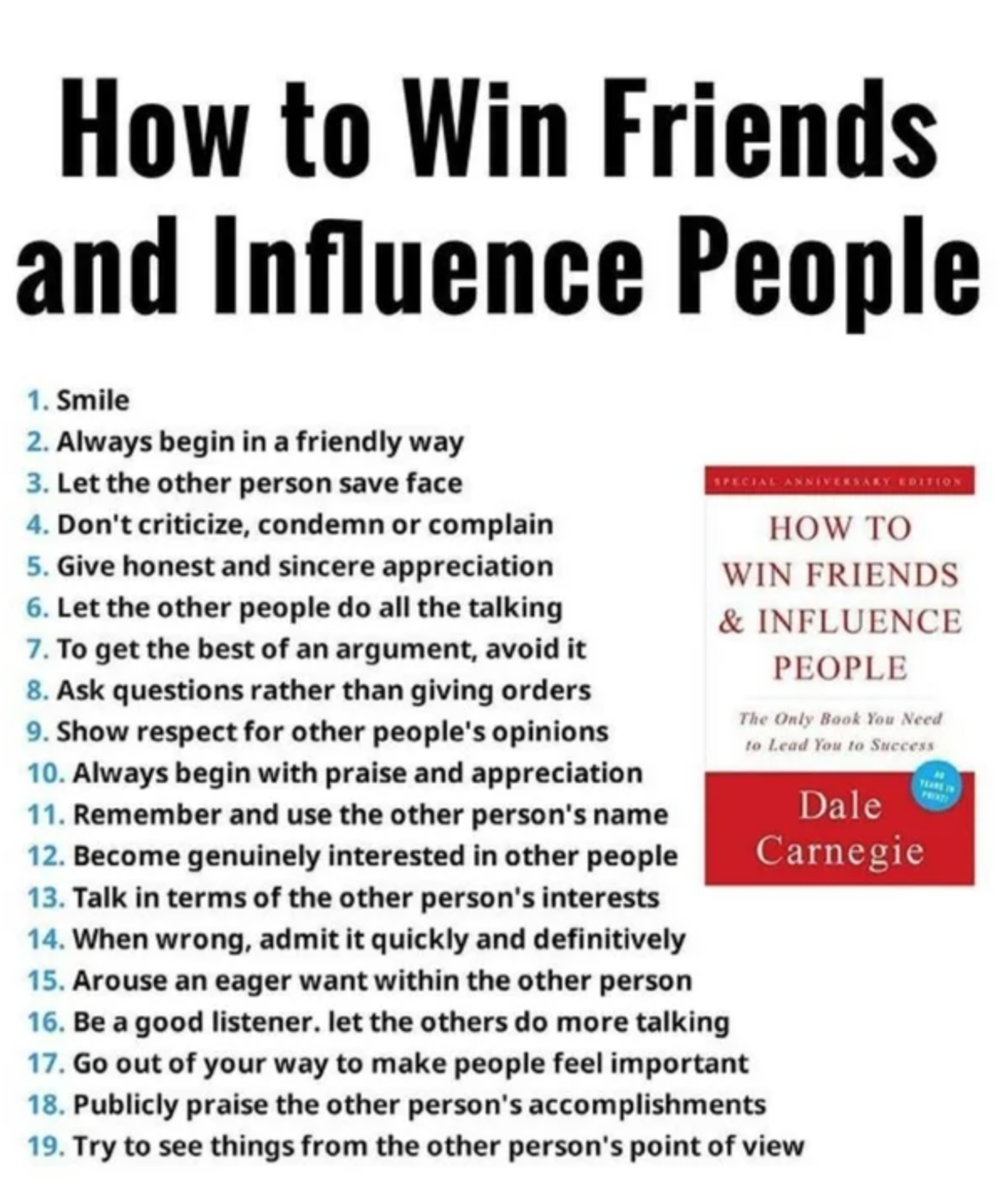 Helpful Guides to life - -  How to Win Friends and Influence People 1. Smile 2. Always begin in a friendly way 3. Let the other person save face 4. Don't criticize, condemn or complain How To 5. Give honest and sincere appreciation Win Friends 6. Let the