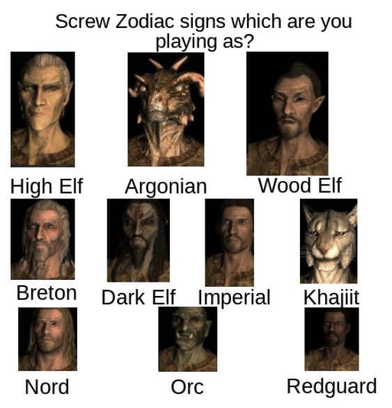funny gaming memes - skyrim - Screw Zodiac signs which are you playing as? High Elf Argonian Wood Elf Breton Dark Elf Imperial Khajiit Nord Orc Redguard
