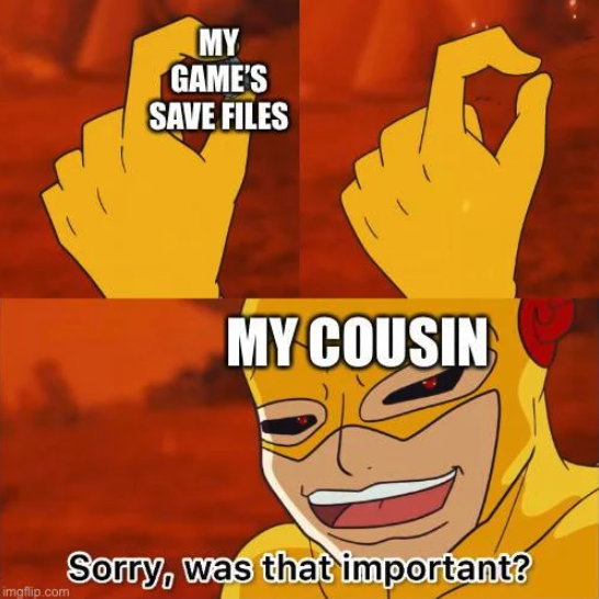 funny gaming memes - cartoon - My Game'S Save Files My Cousin Sorry, was that important? imgflip.com