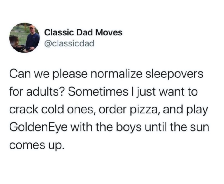 funny gaming memes - dog park thoughts of dog - Classic Dad Moves Can we please normalize sleepovers for adults? Sometimes I just want to crack cold ones, order pizza, and play GoldenEye with the boys until the sun comes up.