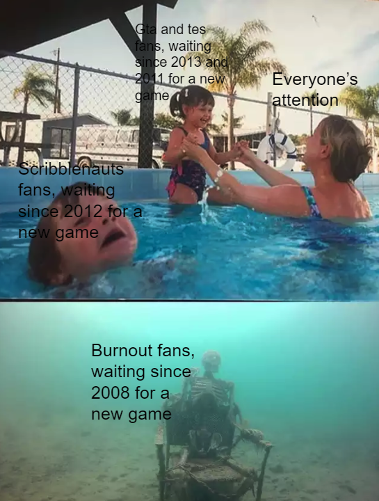 funny gaming memes - sinking skeleton meme - and tes fans, waiting Since 2013 and 2011 for a new garne Everyone's attention Scribblenauts fans, waiting since 2012 for a new game Burnout fans, waiting since 2008 for a new game