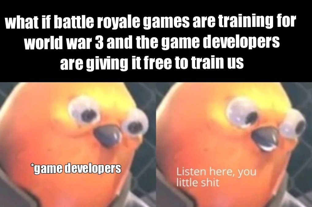 funny gaming memes - stun seed backwards meme - what if battle royale games are training for world war 3 and the game developers are giving it free to train us game developers Listen here, you little shit