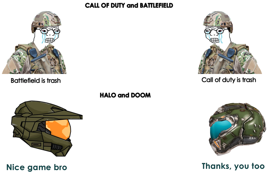 funny gaming memes  - helmet - Call Of Duty and Battlefield Battlefield is trash Call of duty is trash Halo and Doom 23. Nice game bro Thanks, you too