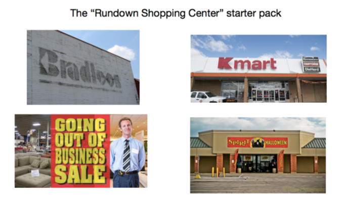 halloween memes - spirit halloween summer meme - The Rundown Shopping Center starter pack Bradlomon Kmart Spirit Halloween Going Out Of Business Sale