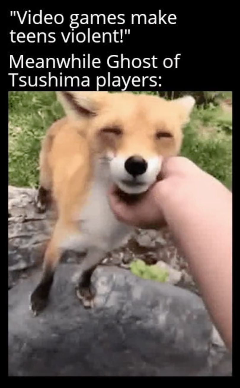 funny gaming memes - photo caption - "Video games make teens violent!" Meanwhile Ghost of Tsushima players