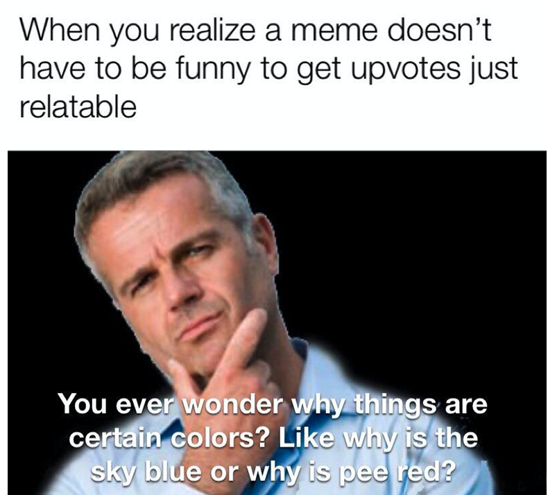 photo caption - When you realize a meme doesn't have to be funny to get upvotes just relatable You ever wonder why things are certain colors? why is the sky blue or why is pee red?