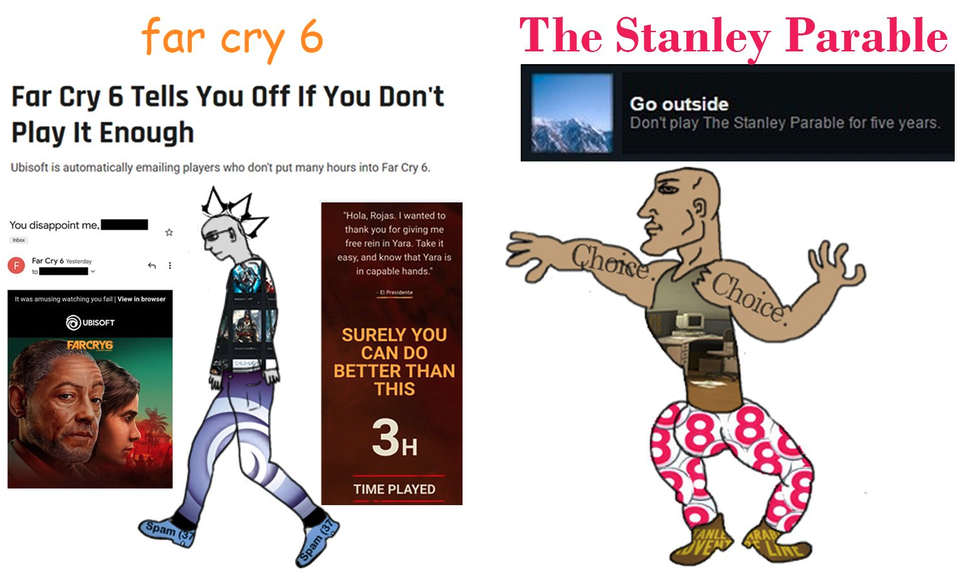 funny gaming memes  - cartoon - The Stanley Parable far cry 6 Far Cry 6 Tells You Off If You Don't Play It Enough Ubisoft is automatically emaiting players who don't put many hours into Far Cry6. Go outside Don't play The Stanley Parable for five years. Y