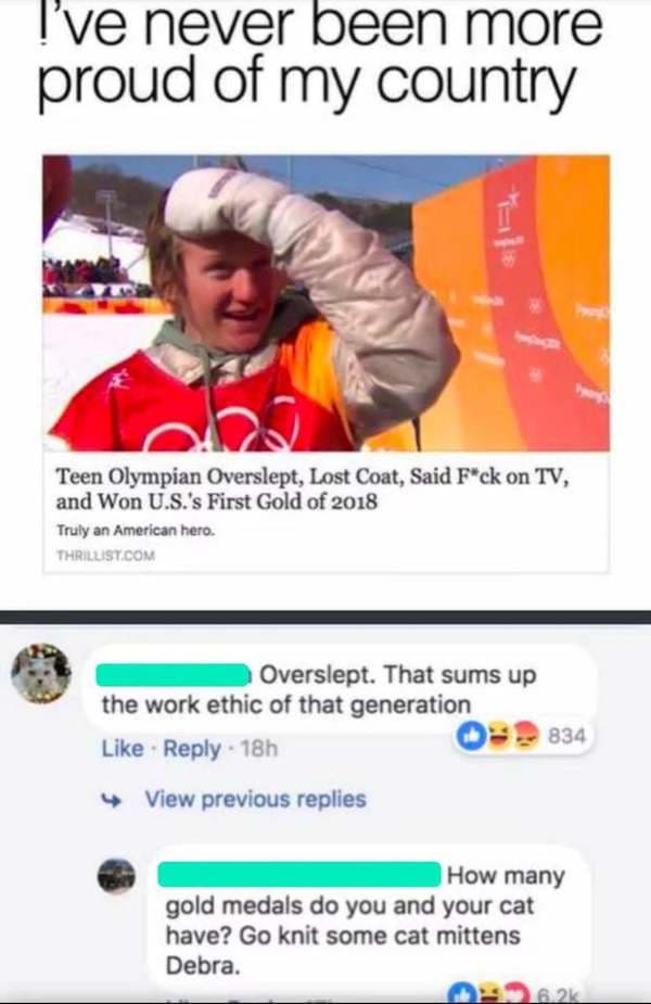 savage comments and replies - teen olympian overslept - I've never been more proud of my country Teen Olympian Overslept, Lost Coat, Said Fck on Tv, and Won U.S.'s First Gold of 2018 Truly an American hero. Thrillist.Com Overslept. That sums up . the work