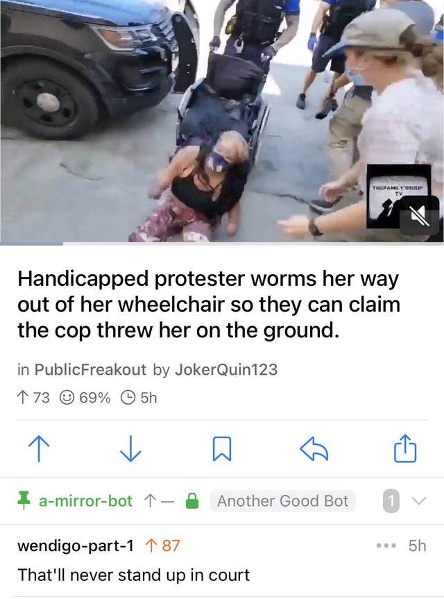 savage comments and replies - photo caption - Thefamily Soup A Handicapped protester worms her way out of her wheelchair so they can claim the cop threw her on the ground. in PublicFreakout by JokerQuin123 1 73 69% 5h a I amirrorbot 1 Another Good Bot 1 .