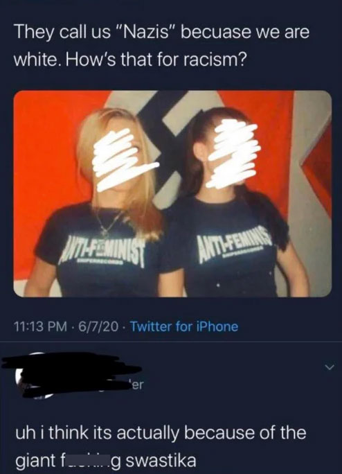 cringe pics  - other - They call us "Nazis" becuase we are white. How's that for racism? Mitafeminist AnitFemingo 6720 Twitter for iPhone er uh i think its actually because of the giant f... ...g swastika