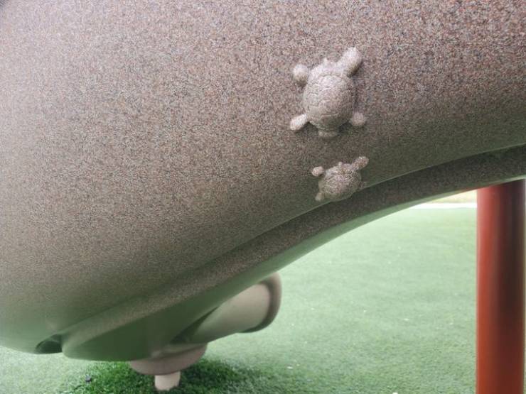 “This slide at a local park has baby turtles slightly hidden underneath it.”
