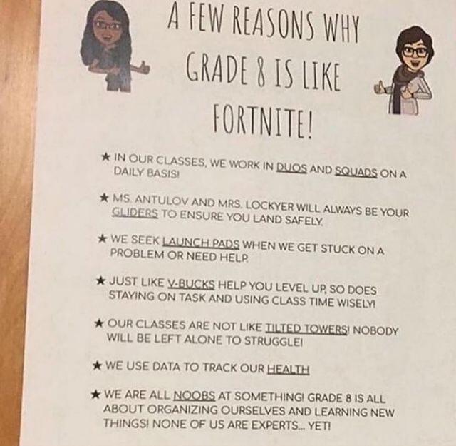 cringeworthy pics - paper - A Few Reasons Why Grade 8 Is Fortnite! In Our Classes, We Work In Duos And Squads On A Daily Basisi Ms Antulov And Mrs. Lockyer Will Always Be Your Gliders To Ensure You Land Safely. We Seek Launch Pads When We Get Stuck On A P