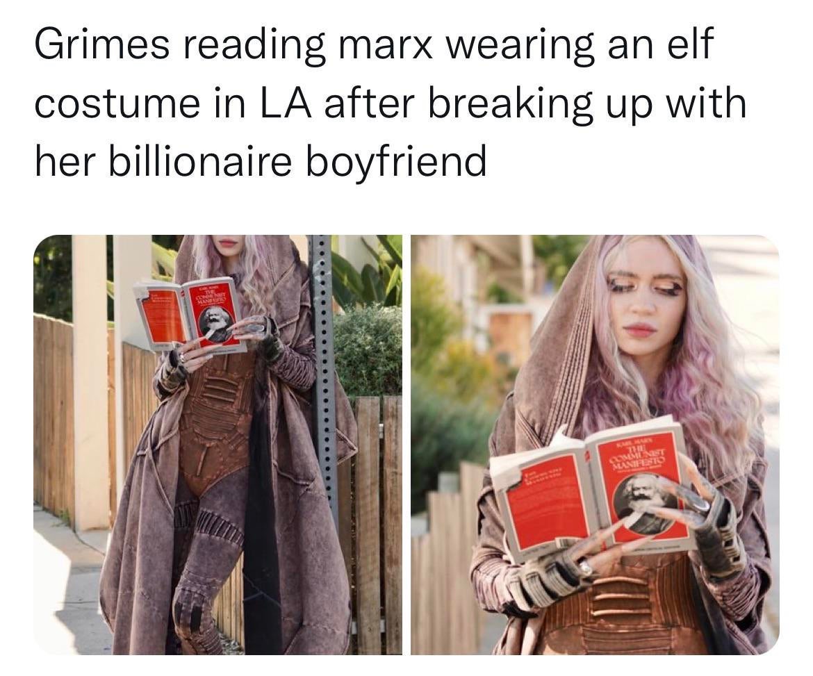 cringeworthy pics - grimes marx meme - Grimes reading marx wearing an elf costume in La after breaking up with her billionaire boyfriend Or Test wen