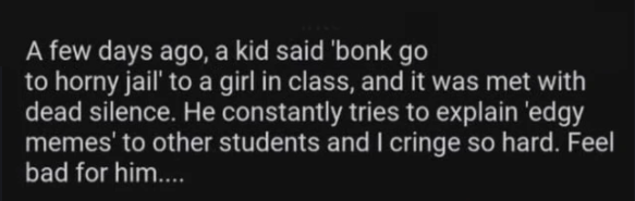 cringeworthy pics - darkness - A few days ago, a kid said 'bonk go to horny jail' to a girl in class, and it was met with dead silence. He constantly tries to explain 'edgy memes' to other students and I cringe so hard. Feel bad for him....